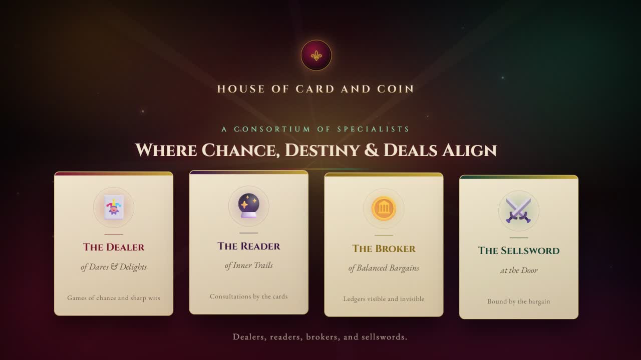 The House of Card and Coin and its four classes — the Dealer of Dares and Delights, the Reader of Inner Trails, the Broker of Balanced Bargains, and the Sellsword at the Door