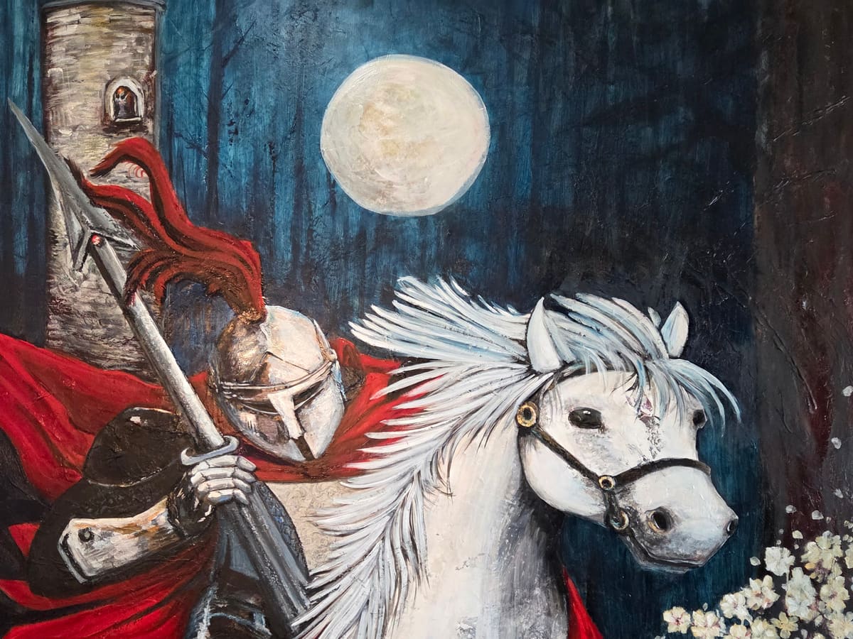 A knight riding out under a full moon — a painting by Mama Bear